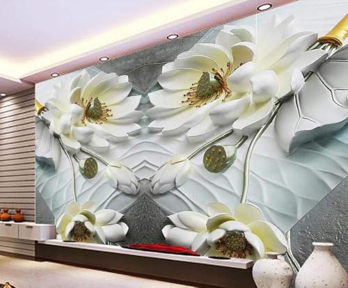 Relief Weißer Lotus 3D Tapete Poster Restaurant Schlafzimmer Wohnzimmer Sofa TV Dekorative Wand-200cm×140cm