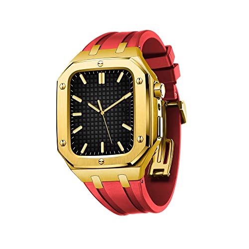 KANUZ Herren und Damen, Militär-Metallgehäuse für Apple Watch, 45 mm, 44 mm, Silikonband, stoßfest, Stoßstange, Business-Casual-Stil, Uhrenarmband für iWatch Serie 7/SE/6/5/4 (Farbe: Gold-Rot, Größe: