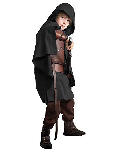 Andracor - Hochwertiger Mittelalter Kinder-Umhang mit Kapuze - universell einsetzbar für LARP, Mittelalter, Fantasy & Cosplay- Farbe: Schwarz - Größe: L-XL