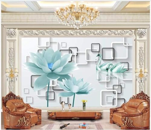 Schwarz-Weißes Quadrat Blauer Lotus Blauer Schwan 3D Tapete Poster Restaurant Schlafzimmer Wohnzimmer Sofa TV Dekorative Wand-150cm×105cm