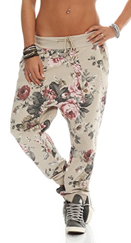 Mississhop 130 Damen Hose Blumen Sweatpants Jogginghose Baumwolle Freizeithose Boyfriend Sporthose Blumenprint Beige