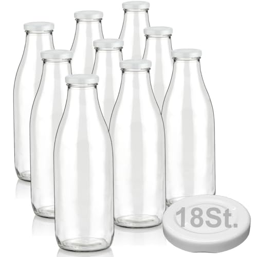 9 Milchflaschen 1000ml mit 18 Deckel BPA frei Saftflaschen Glasflaschen 1L auch erhältlich mit 2/4/6/12/15 Flaschen Smoothie Weithalsflaschen Milchflasche leer zum Befüllen Trinkflasche Schraubdeckel