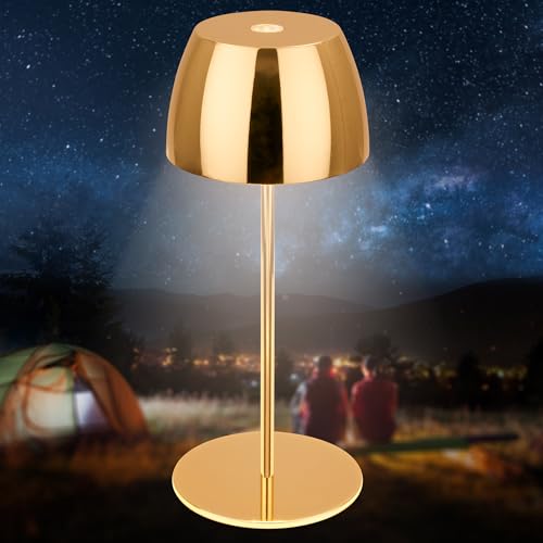 BRILONER - Mini LED Tischlampe kabellos IP44 mit Touch, stufenlos dimmbar, Akku & Lichtquelle tauschbar, Nachttischlampe, Wohnzimmer, LED Lampe, Akku Tischleuchte, 8x20 cm (DxH), Gold glänzend