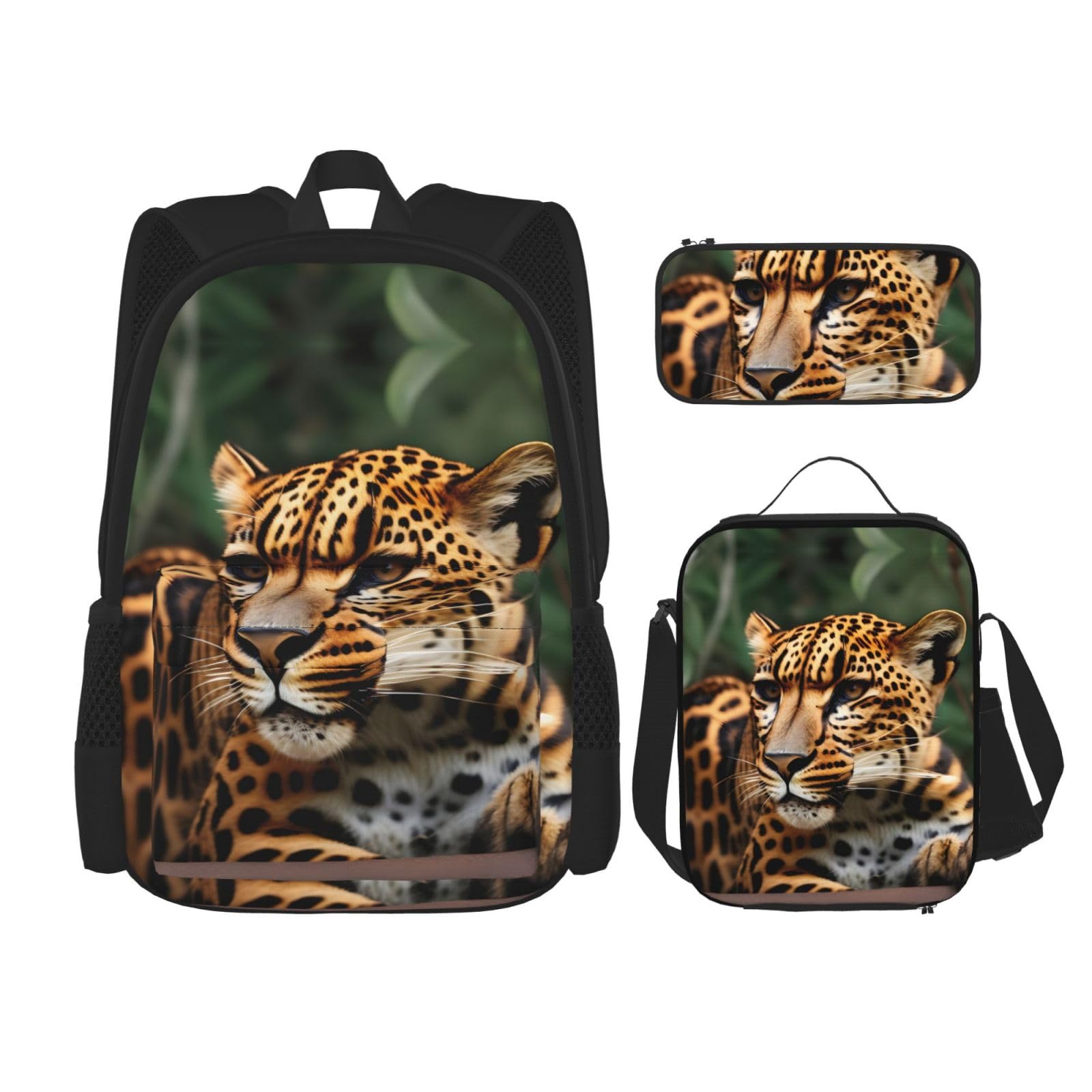 WURTON Reise-Lunchbox, Federmäppchen, Rucksack-Set, 3-teilig, verstellbare Riemen, leicht, Leopardenmuster, Schwarz, Einheitsgröße