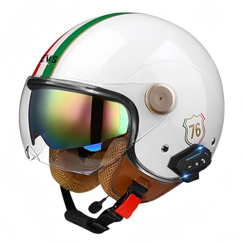 3/4-Bluetooth-Helm mit offenem Gesicht, Vintage-Motorrad-Halbhelm, ECE-zugelassenes Moped mit Doppelvisier, Motorradhelm für Männer, Erwachsene, Frauen R,M57-58CM