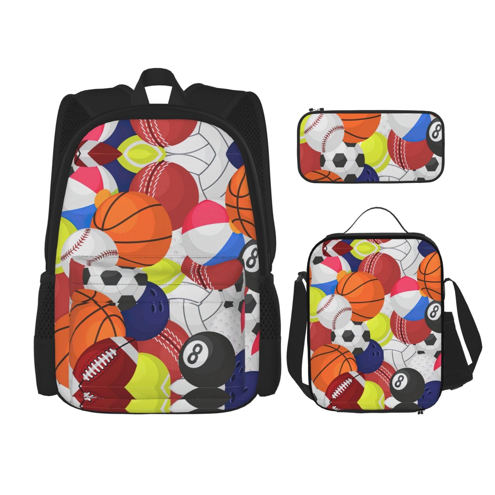 WURTON Sport-Ball-Druck-Lunchbox, Federmäppchen, Rucksack-Set, 3-teilig, verstellbare Riemen, langlebig, leicht, Schwarz, One Size