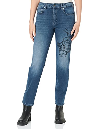 Moschino Damen Black Triblend Denim Personalised With Embroidered Tattoo Effect Heart Casual Pants, Blue Denim, 27 EU