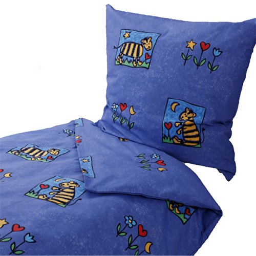 Dormisette Kinderbettwäsche 135x200 80x80 cm, Gestreifter Tiger, Blumen, Blau, Baumwolle Fein Biber, Bettwäsche, Winterbettwäsche, Kinderzimmer, warm, weich flauschig