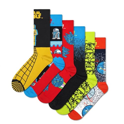 Happy Socks 6-Pack Star Wars Socken, Death Star Geschenkbox mit Darth Vader, Storm Trooper und R2-D2 crew Socken für tolle Fans Größe 41-46