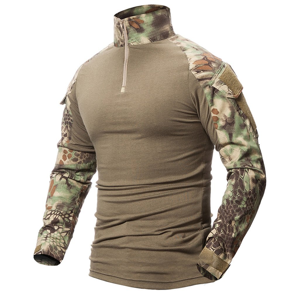 ShallGood Herren Hemden Kampfsport Militär Airsoft BDU Shirt Camouflage Uniform Taktik Schnell trocknend mit Taschen Ellbogenschützer Langarm Hemd Multicam Gr. M, A grün.