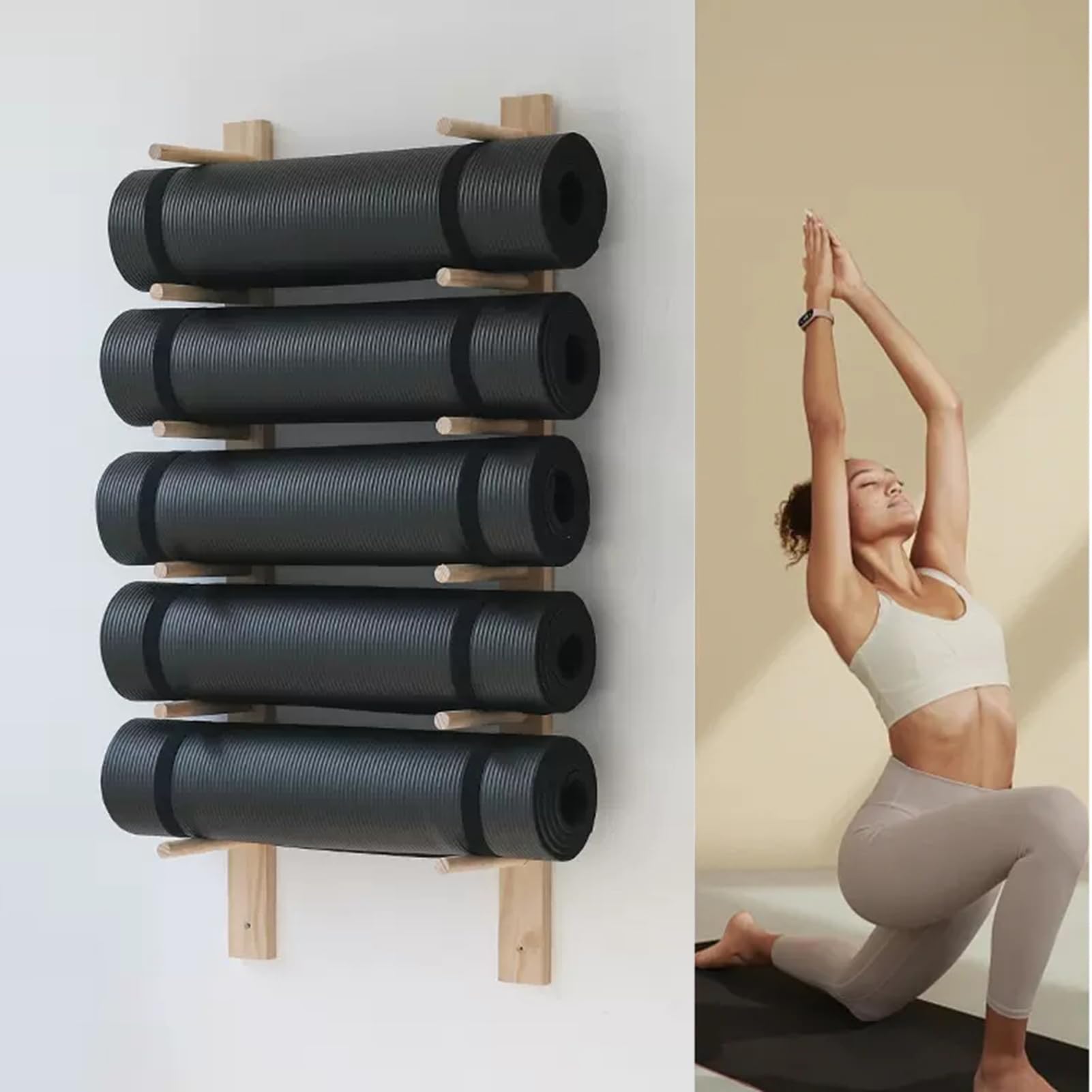 LESBJFDM Yogamattenhalter aus Holz, Wandhalterung, Heim-Fitnessstudio-Aufbewahrungsregal, Fitnessstudio-Organisation, Yogamattenhalter für Yoga-Raum/Heim-Fitnessstudio-Dekor