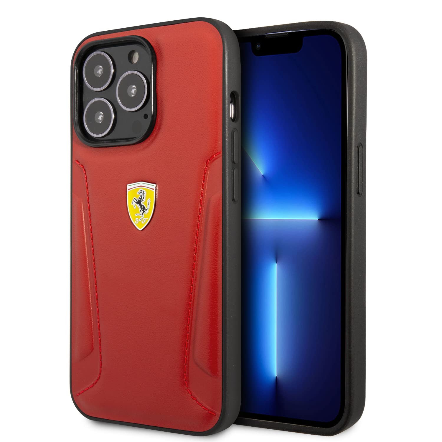 Ferrari Handyhülle für iPhone 14 Pro in Rot mit heißgeprägten Seiten, schützende Echtleder, langlebige & Anti-Scratch Hülle mit Easy Snap-on, Stoßdämpfung & Signature Logo