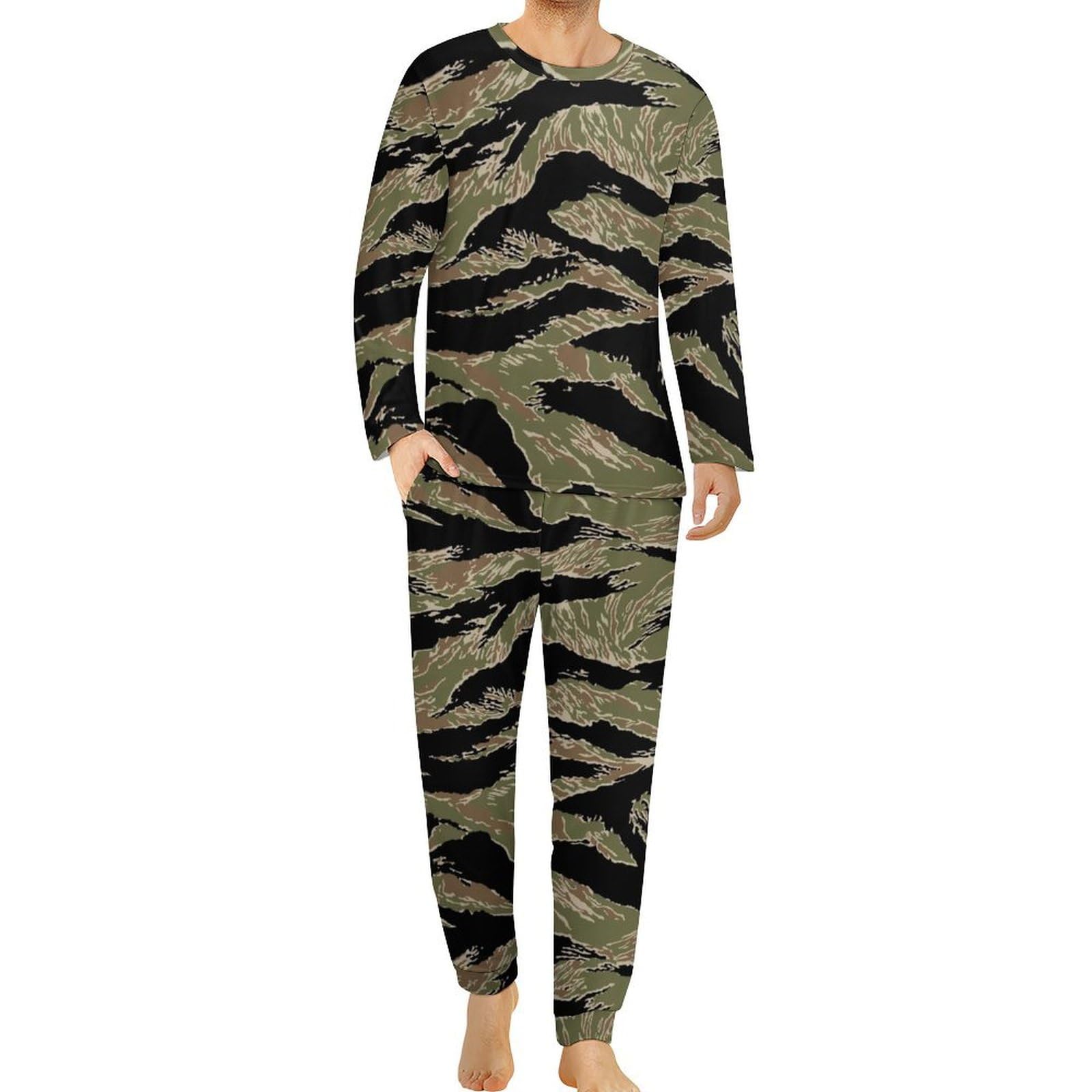 HABXNJF Herren Rundhals Pyjama Set, Tiger Stripe Camo Pyjama für Männer, Herren Pyjama mit Taschen, Tiger Stripe Camo, XXL