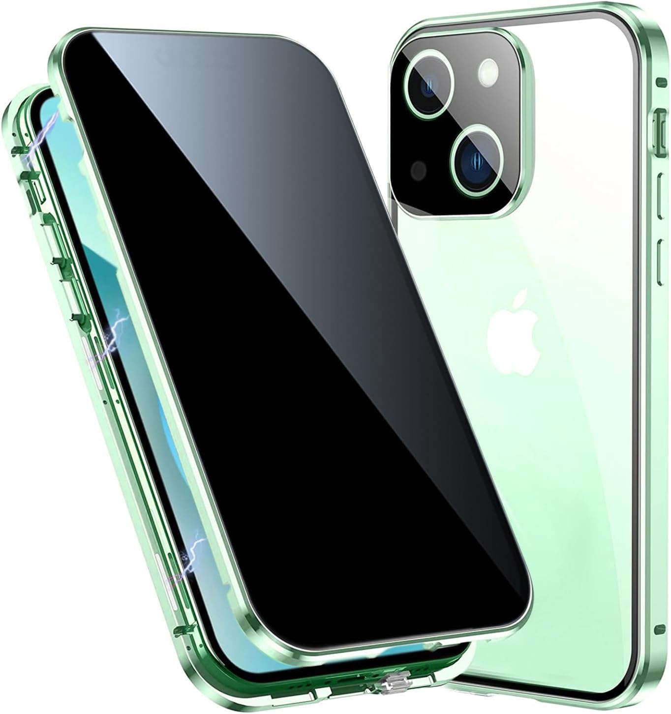 Anti spy Hülle für iPhone 15 360 Grad Ganzkörper HandyHülle Eingebaut Panzer Glas Sichtschutz Schutz Folie und Kamera len's Cover Stoßfest Komplettschutz Anti Peeping Case,Grün