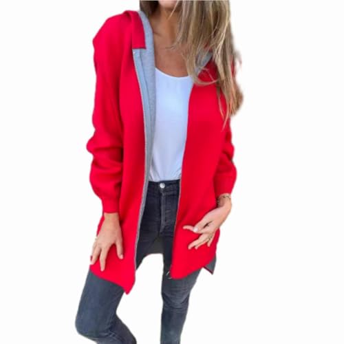 WINDEHAO Rundhalsausschnitt, Reißverschluss, langärmelig, Freizeitjacke, Reißverschluss, langärmelig, Kapuzenjacke, Farbblockierung, mit Reißverschluss, Sweatshirt-Jacke (Rot, Größe 5XL)