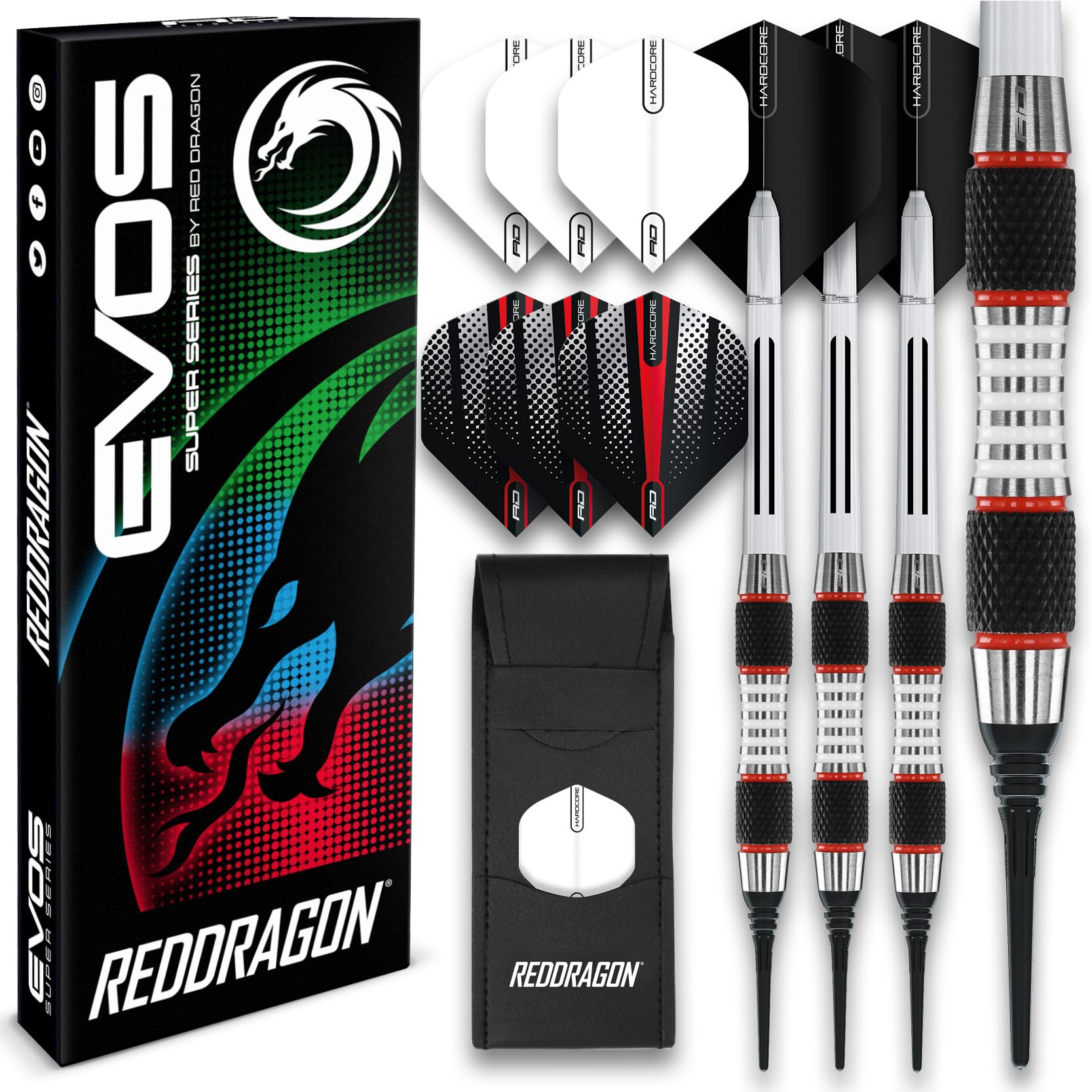 RED DRAGON Evo Softip 18g Barrel Weight 20g Full Weight - Tungsten Dartpfeile Set mit Flights, Schäfte and Darttasche