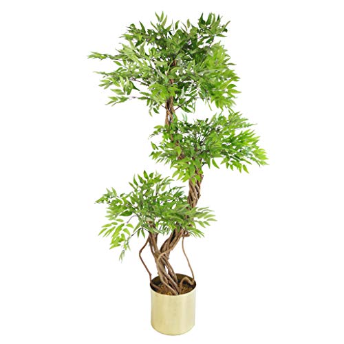 Leaf japanischer Fruticosa Ficus, 140 cm, goldfarbenes Metall, gebürstetes Messing, LEAF-7171-7201, with Metal Planter, with Metal Planter