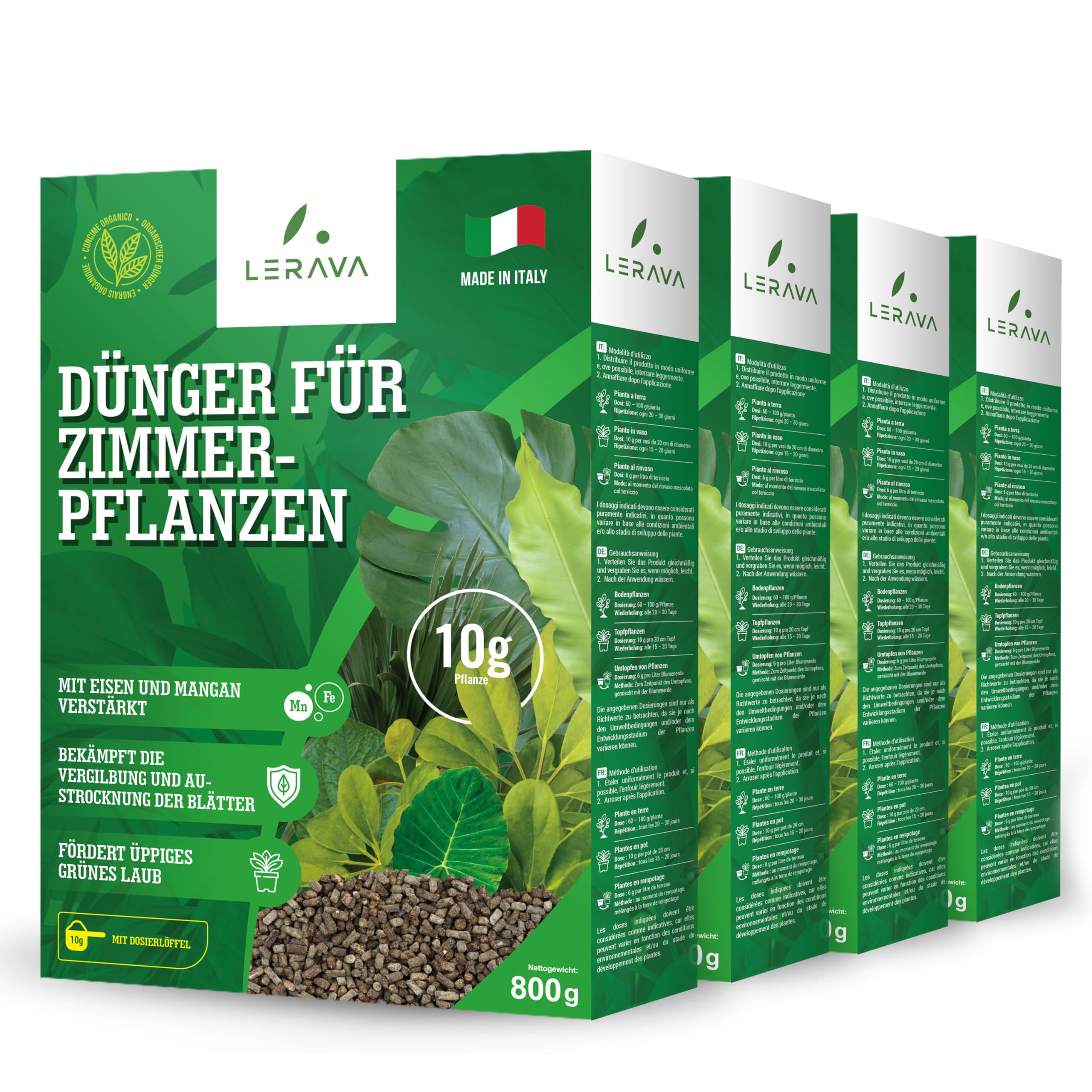 LERAVA® Dünger Zimmerpflanzen - 4 x 800g - Grünpflanzendünger mit Eisen und Manganzusatz gegen Vergilbung und Blatttrockenheit - Pflanzendünger für üppiges grünes Laub - 100% Made in Italy