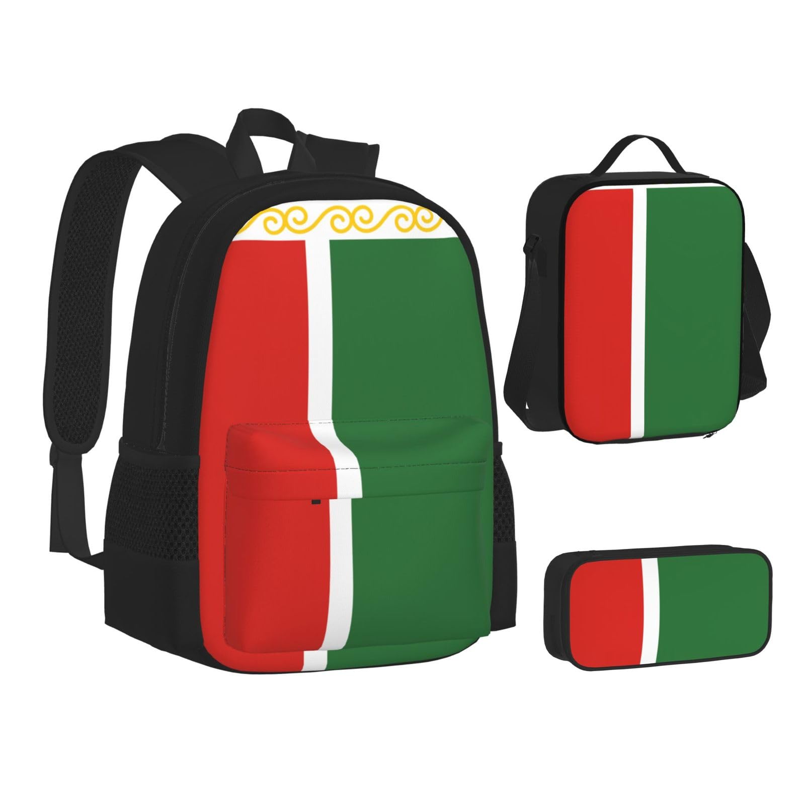 WURTON Lunchbox-Set, Motiv: Flagge der Tschetschenischen Republik, Rucksack, 3-in-1-Rucksack und Federmäppchen, passende Kombination, Schwarz, Einheitsgröße, Schwarz, One Size