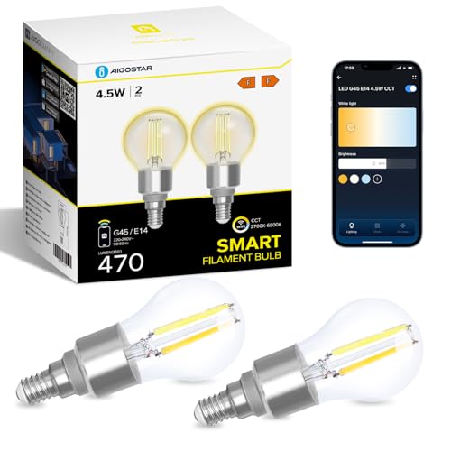 Aigostar Alexa Glühbirne E14, Smart LED Vintage Lampe, Smarte Glühbirne G45 Transparent Globe, 4.5W 470LM, Warmweiß Dimmbar 2700K -6500K, Kompatibel mit Alexa und Google Home, 2 Stück.