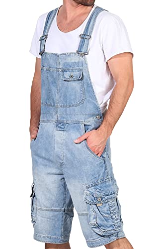 Jet Lag Herren Overall Shorts Kurze Latzhose Cargo-Style TO3 Denim Bleached S