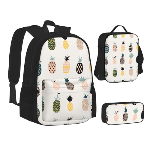 WURTON Lunchbox-Set mit Ananas-Druck, 3-in-1-Rucksack und Federmäppchen, passende Kombination, Schwarz, Einheitsgröße