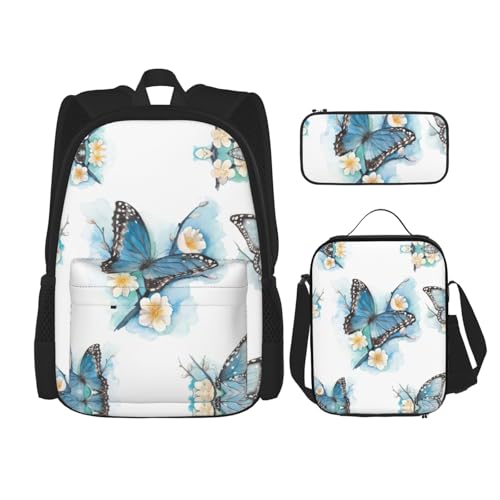 WURTON Schulterrucksack, Motiv: blauer Schmetterling auf Blüte, 3-in-1, Büchertaschen-Set, Lunchbox, Federmäppchen, Reise-Laptop-Tagesrucksäcke, Schwarz, Einheitsgröße