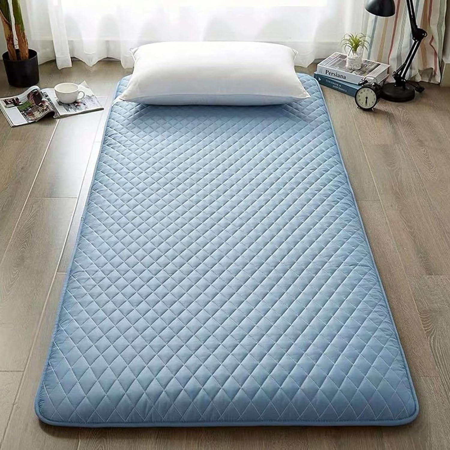 Japanische Bodenmatratze, japanische Futon-Matratze, Faltbare und tragbare Camping-Matratze von Shikibuton, aufrollbare, Faltbare, weiche, tragbare Isomatte, Blau, 90 x 200 cm