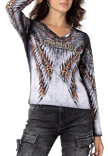 Cipo & Baxx Damen Langarmshirt Longsleeve V-Ausschnitt Alloverprint mit Strassteine Sweatshirt Pullover WL353 Anthracite S