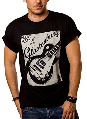 Vintage Musik T-Shirt mit Gitarre Glastonbury schwarz Herren XXL