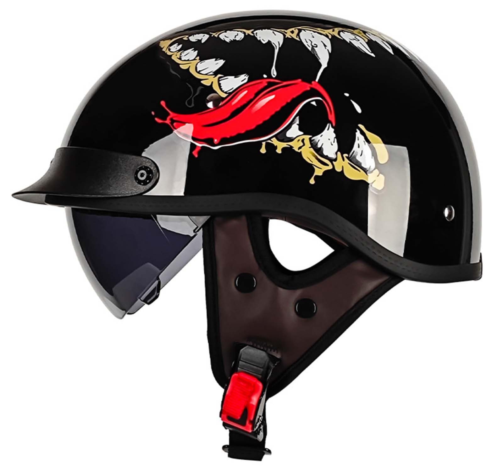 Motorrad-Halbhelm-Baseballkappe Mit ECE-Zertifiziertem Visier, Offener Helm Mit Einziehbarer Schnellverschluss-Schnalle, Unisex E,M57-58CM