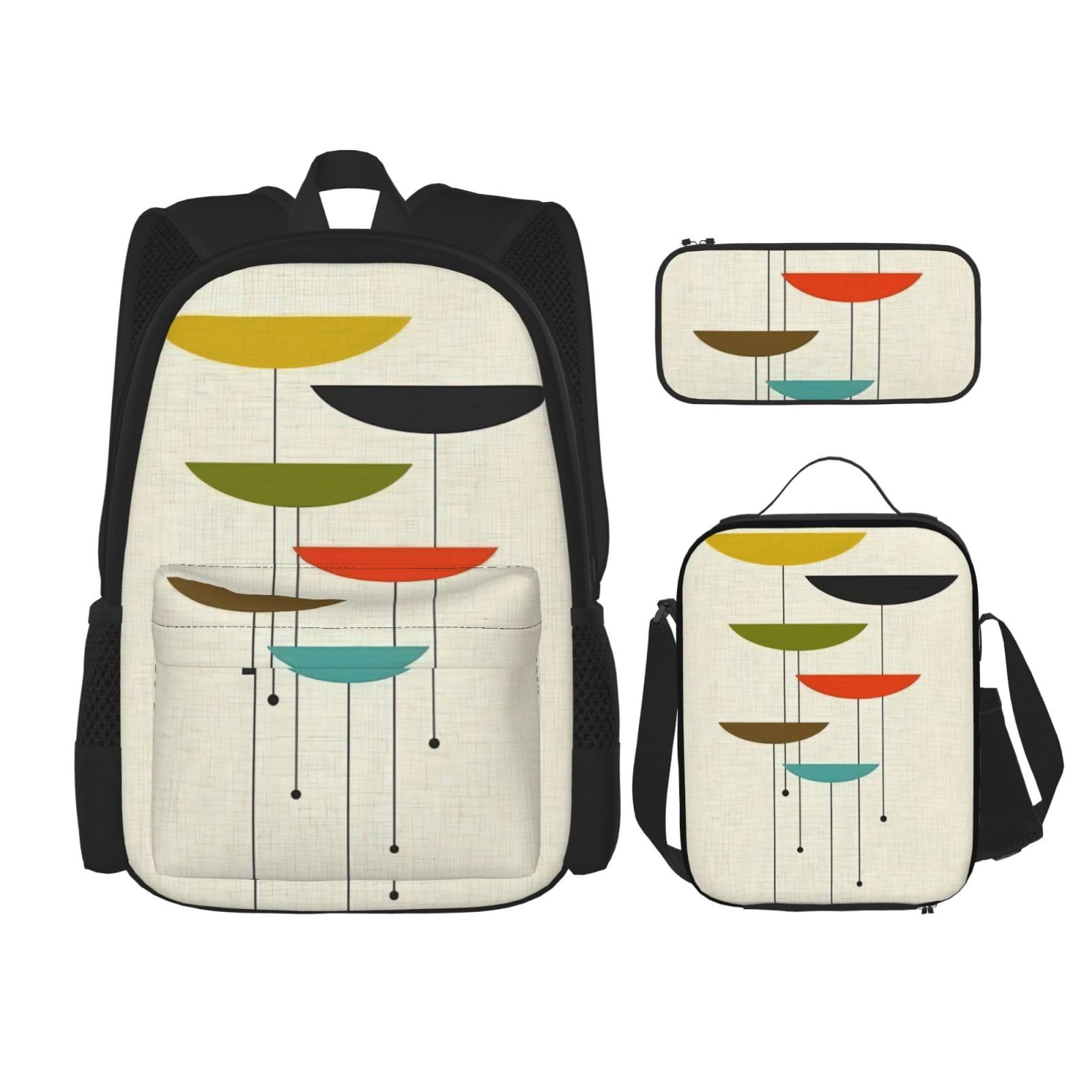 WURTON Mid Century Moderne Drucke, 3-in-1-Sets, lässiger, verstellbarer Schulter-Rucksack, Lunch-Tasche, Federmäppchen, Beutel, Schwarz, Einheitsgröße