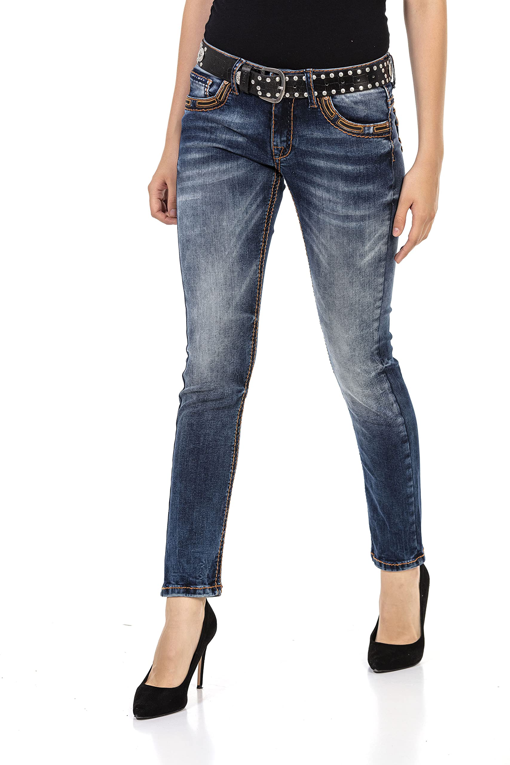 Cipo & Baxx Damen Jeanshose Denim Slim Fit Kontrastnähte Pants Jeans WD464 Blau W25 L32