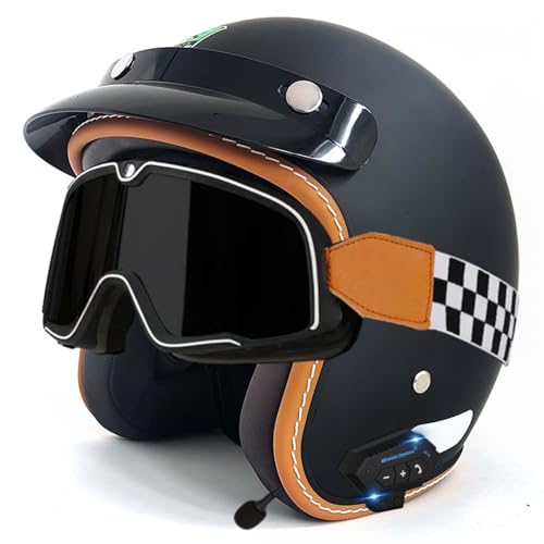 Open-Face-Helm Für Erwachsene, Bluetooth-Halbhelm, Leichter, Atmungsaktiver Retro-Scooter-Helm Mit Schnalle, DOT/ECE-Zulassung Für Männer Und Frauen C,L59-60CM