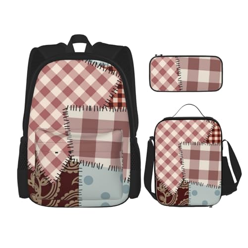 DENMER Wunderschöner Mehrzweck-Schulranzen mit passendem Federmäppchen und Lunchtasche, stilvolle All-in-One-Lösung, Patchwork-Stoff, Einheitsgröße