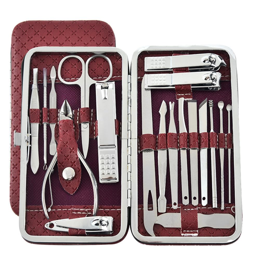 Maniküre-Schneider, Nagelknipser-Set, Haushalt, Edelstahl, Ohrlöffel, Nagelknipser, Pediküre, Nagelschere, Werkzeug, 19-teilig, Rot