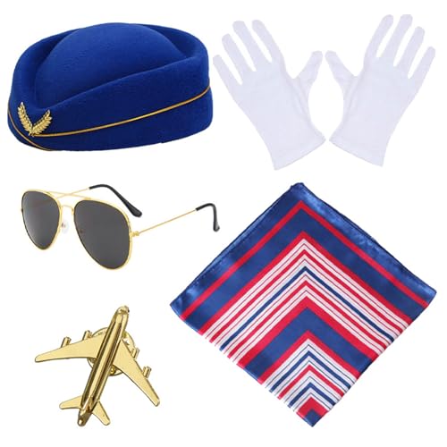 Mehrfarbige Stewardess-Hut + Sonnenbrille + Taschentücher/Handschuhe/Brosche für Erwachsene, Damen, Halloween, Karneval, Rollenspiel, Kostüm, Flugbegleiter, Hut und Schal, Flugbegleiter-Outfit,