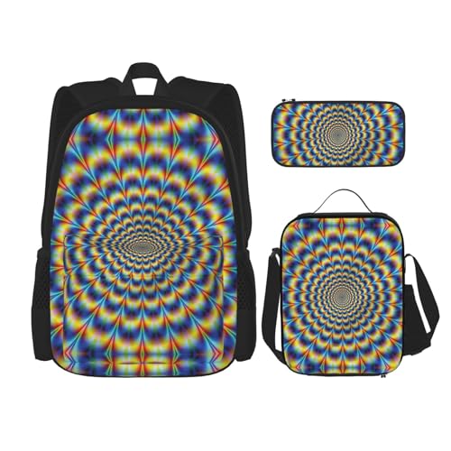 WURTON Spirale optische Täuschung Gif Druck trendige Rucksacktaschen Lunchbox und Federmäppchen 3-in-1 verstellbares Rucksack-Set, Schwarz, Einheitsgröße