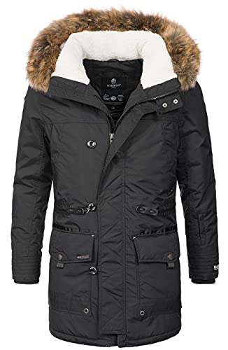 MARIKOO Herren Winterjacke Kapuze Kunstfell Winter Jacke Parka warm lang B629 [B629-Ansaya-Schwarz-Gr.S]