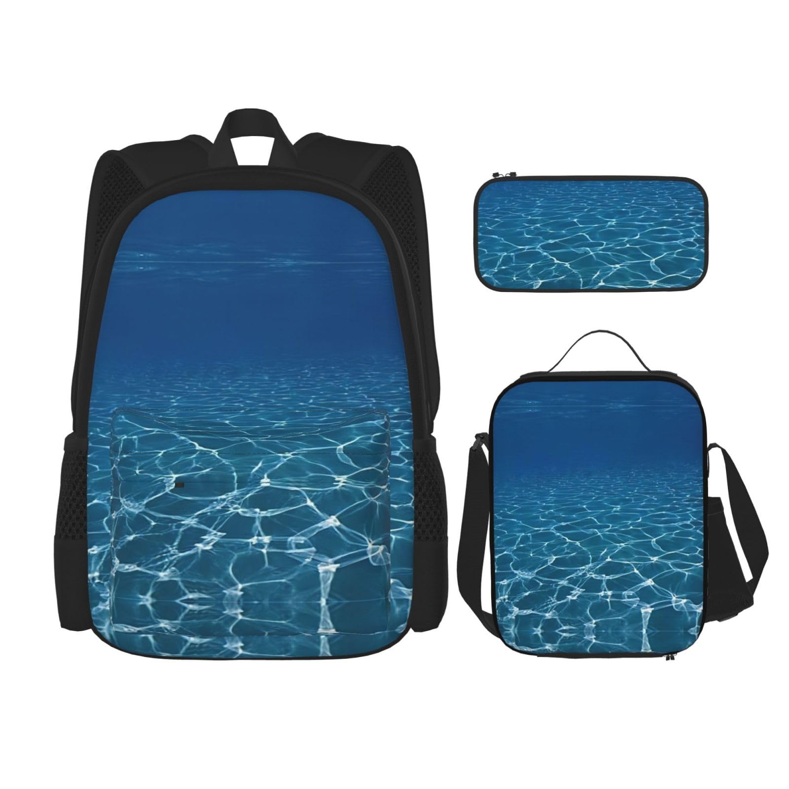 WURTON Blue Deep Ocean Print Lunchbox Federmäppchen Rucksack Set 3 Stück Verstellbare Träger Langlebig Leicht, Schwarz, One Size