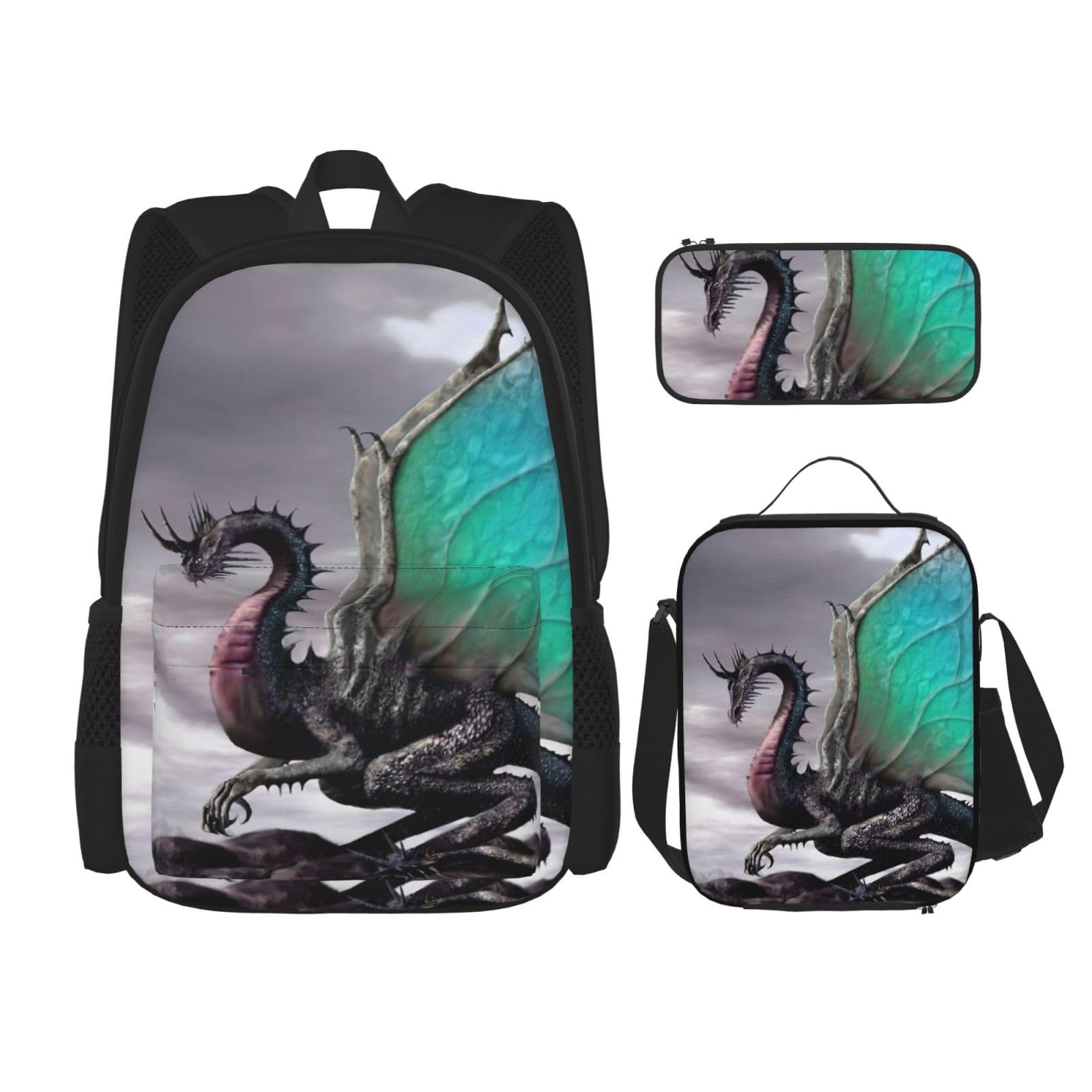 DENMER Mehrzweck-Schultasche mit Marmorstruktur, mit passendem Federmäppchen und Lunchtasche, stilvolle All-in-One-Lösung, Cooler Drache, Einheitsgröße