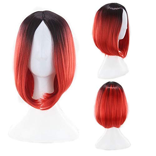 LINLINCD-12inch Short Bob Wigs For Women Synthetic Hair Anime Cosplay Two Tone Black Pink Grey Blue Green Red Purple Blonde Ombre Wig black yellow black green