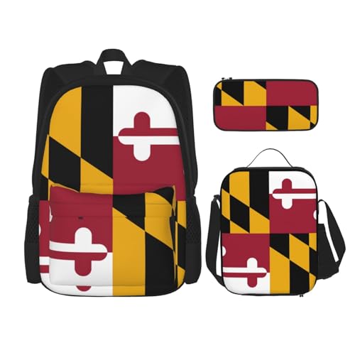 WURTON Maryland State Flag Print 3 in 1 Sets Casual Adjustable Shoulder Backpack Lunch Bag Pencil Case Pouch Box, Schwarz, Einheitsgröße