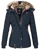 MARIKOO warme Damen Winter Jacke Winterjacke Steppjacke gefüttert Kunstfell B658 [B658-Nek-Navy-Gr.XS]