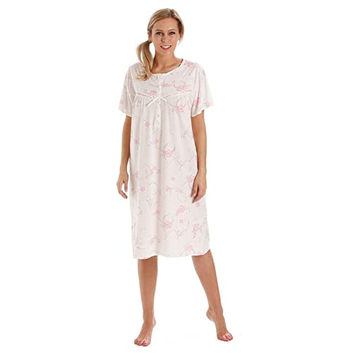 Damen Lady Olga Polycotton Kurz oder Langarm Blumen Nachtkleid, Pyjamas, in Pink oder Blau Größe 10-36 (18-20, Rosa-Kurzarm-Nachthemd)