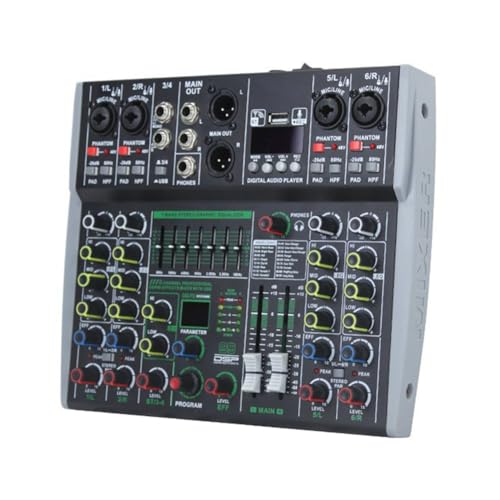 Pluuttiem Professioneller Audiomixer, 6 Kanäle, Integrierter 99DSP, 7-Segment-Balanceeffekt, Bluetooth-Unterstützung, Aufnahmemixer, EU-Stecker