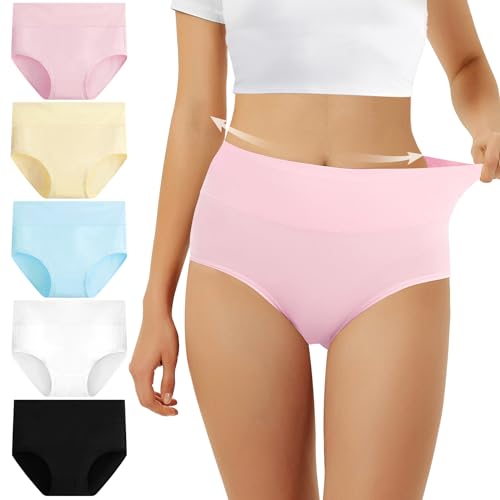 FALARY Unterhosen Damen Baumwolle Hohe Taille 5er Pack Stretch Atmungsaktiv Panties Weich Frauen Unterwäsche M Mehrfarbig-2