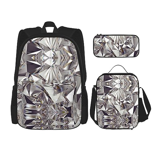 WURTON 3-in-1 Büchertaschen-Set, glitzernd, abstraktes Diamant-Kristallmuster, verstellbarer Schulter-Rucksack, Lunch-Tasche, Federmäppchen, Tasche, Schwarz, Einheitsgröße, Schwarz, One Size