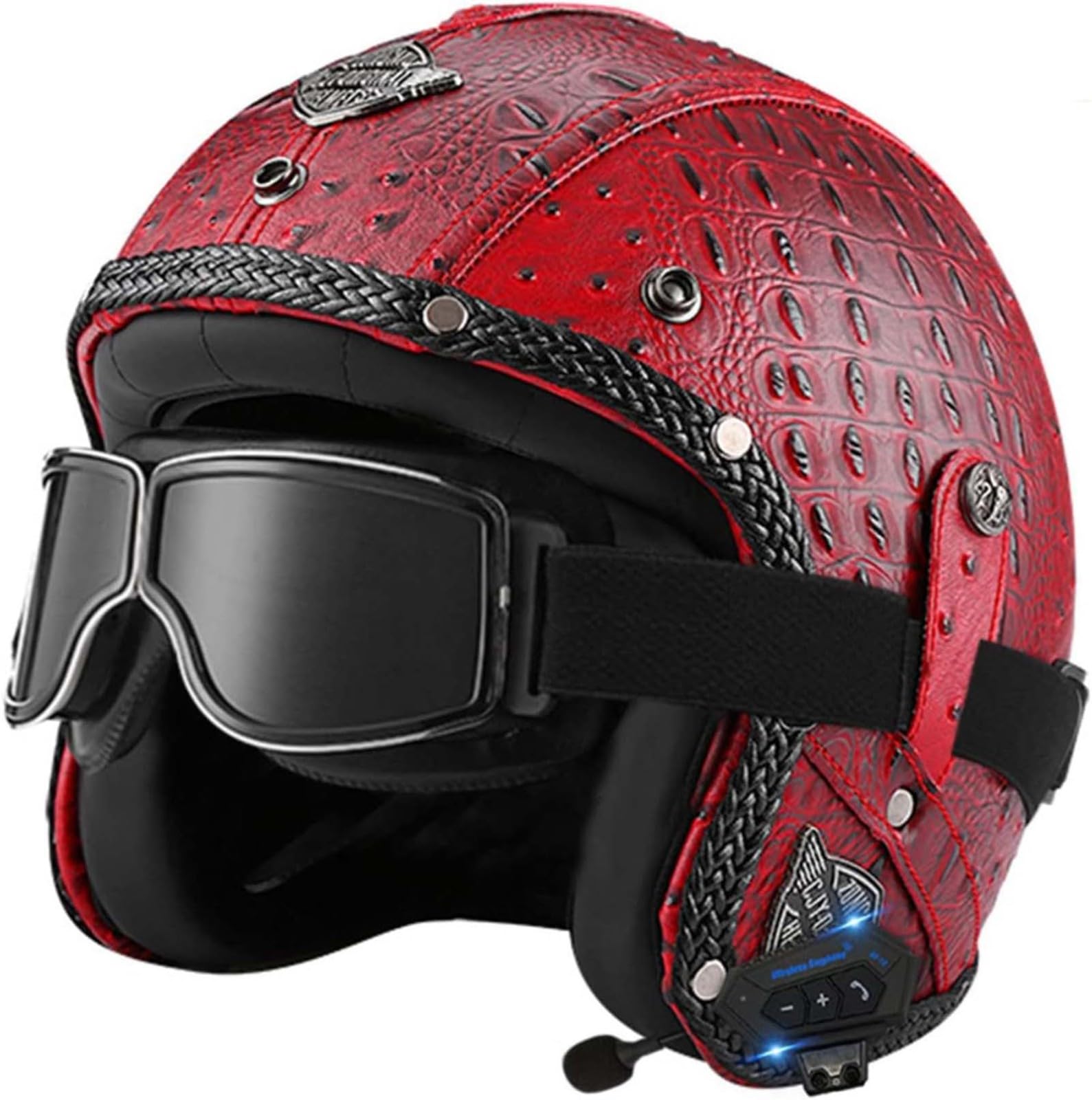 Offener Helm, Motorradhelm, Integrierter Bluetooth-Motorrad-Halbhelm, Retro-Vintage-Motor-Jet-Helm Mit Sonnenblende, Für Männer, Frauen, Erwachsene, DOT/ECE-Geprüft J,S55-56cm