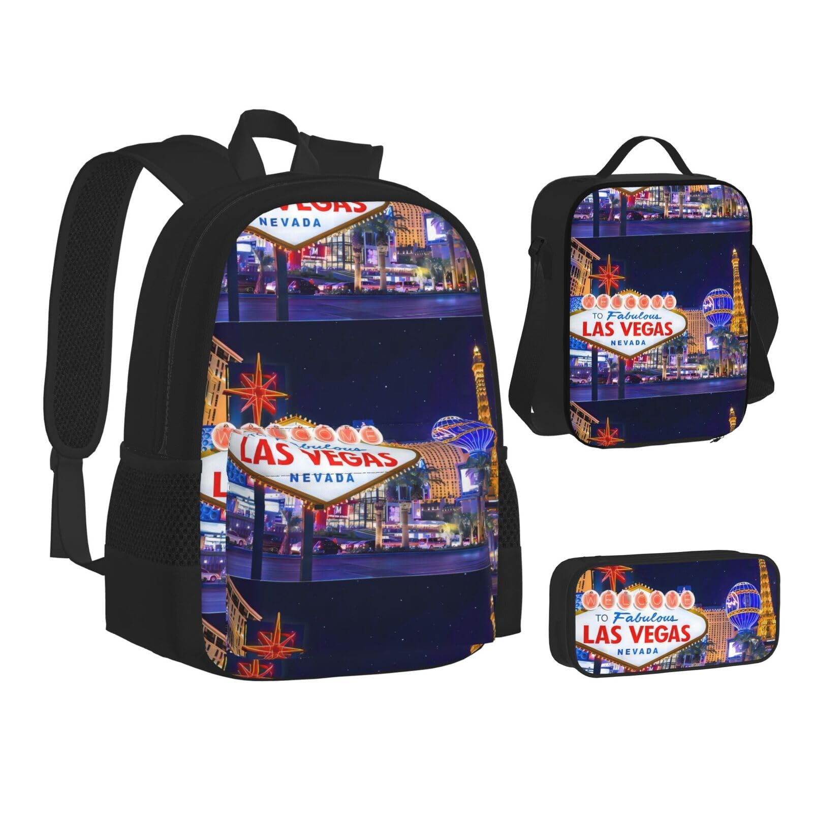 WURTON Las Vegas Night City Rucksack, Lunchbox-Set, 3-in-1 Büchertasche und Federmäppchen, passende Kombination, Schwarz, Einheitsgröße